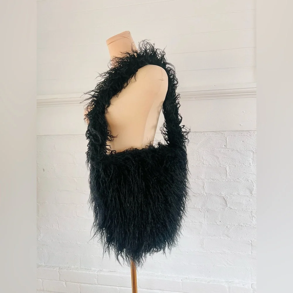 Dolls Kill Widow Faux Fur Bag Black Long Hair Furry Vegan Mongolian Lamb NWOT - Picture 2 of 13
